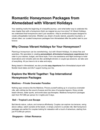 Romantic Honeymoon Packages from Ahmedabad with Vibrant Holidays