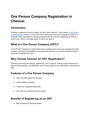 One Person Company Registration in Chennai