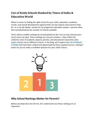 List of Noida Schools Ranked by Times of India