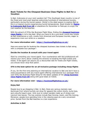 Book Tickets for the Cheapest Business Class Flights to Bali for a Vacation