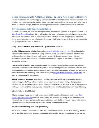 Mehar Foundation De-Addiction Centre: Opening New Doors to Recovery