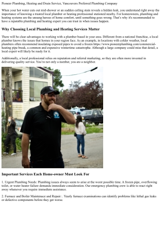 Pioneer Plumbing, Heating & Drains, Vancouvers Best Plumbing Specialist