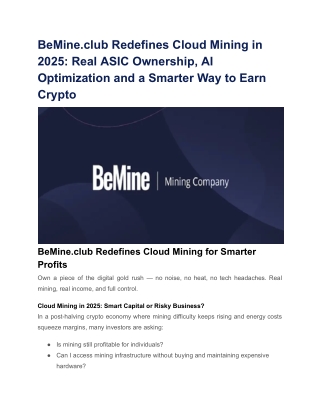 BeMine.club Redefines Cloud Mining in 2025_ Real ASIC Ownership, AI Optimization and a Smarter Way to Earn Crypto