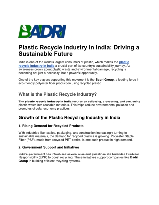 Plastic Recycle Industry in India - Driving a Sustainable Future