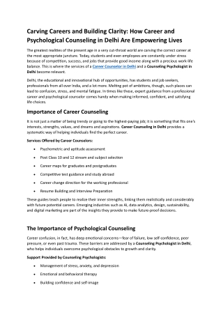 Carving Careers and Building Clarity - How Career and Psychological Counseling in Delhi Are Empowering Lives