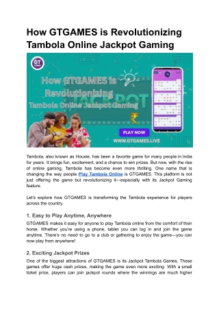 How GTGAMES is Revolutionizing Tambola Online Jackpot Gaming