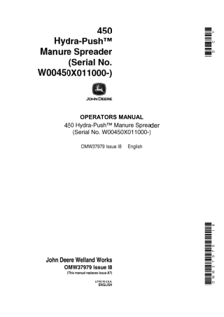 John Deere 450 Hydra-Push™ Manure Spreader (Serial No.W00450X011000-) Operator’s Manual Instant Download (Publication No