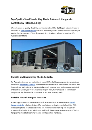 Top-Quality Steel Sheds, Hay Sheds & Aircraft Hangars in Australia by HiTen Buildings