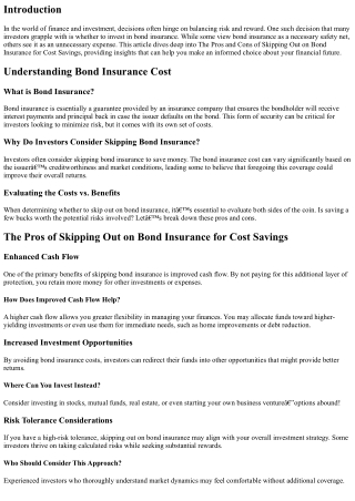 The Pros and Cons of Skipping Out on Bond Insurance for Cost Savings