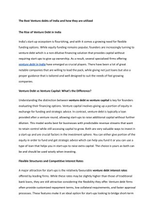 The Best Venture debts of India and how they are utilized