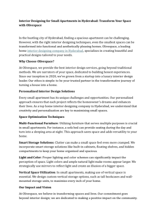 Interior Designing for Small Apartments in Hyderabad Transform Your Space with Olivespace