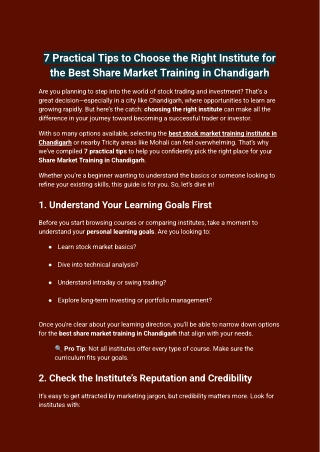7 Practical Tips to Choose the Right Institute for the Best Share Market Training in Chandigarh