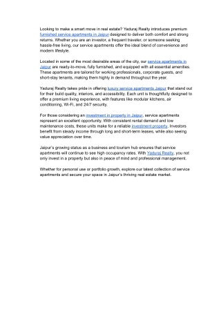 Furnished Service Apartments in Jaipur – Yaduraj Realty Investment Deals