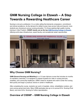 GNM Nursing College in Etawah – A Step Towards a Rewarding Healthcare Career