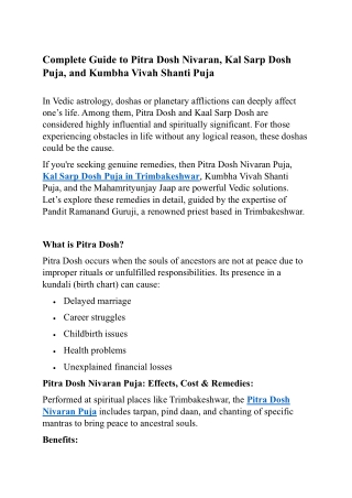 Complete Guide to Pitra Dosh Nivaran, Kal Sarp Dosh Puja, and Kumbh Vivah