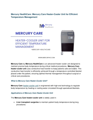 Mercury HealthCare Mercury Care Heater-Cooler Unit for Efficient