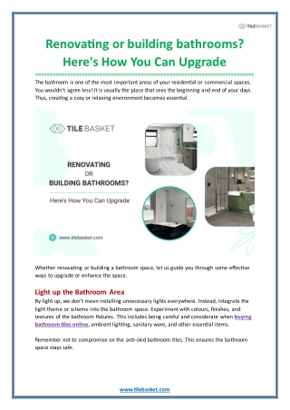 Renovating or building bathrooms Here's How You Can Upgrade