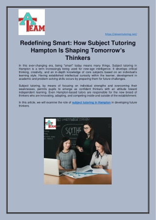 Redefining Smart How Subject Tutoring Hampton Is Shaping Tomorrow’s Thinkers