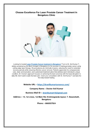 Choose Excellence For Laser Prostate Cancer Treatment In Bengaluru Clinic