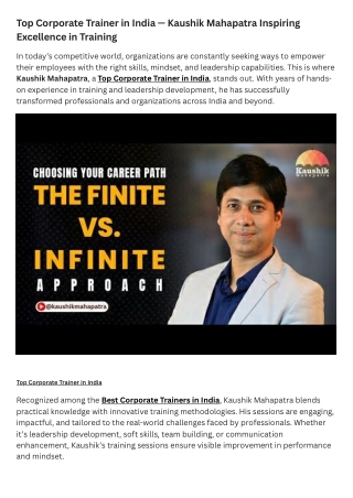 Top Corporate Trainer in India — Kaushik Mahapatra Inspiring Excellence in Training