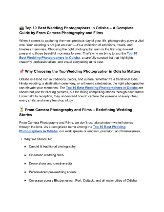 Top 10 Best Wedding Photographers in Odisha – A Complete Guide by From Camera Photography and Films