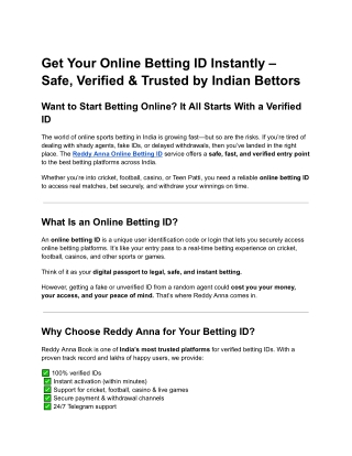 Get Online Betting ID – Safe, Instant Access at Reddy Anna