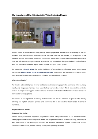The Importance of Pre-Filtration in the Water Ionization Process - Alkaline water machine in hyderabad