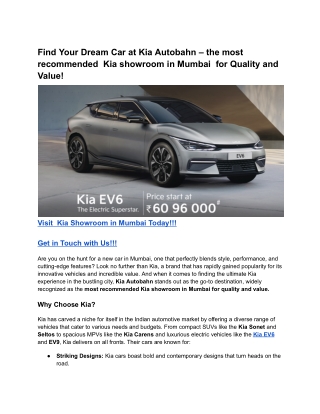 Find Your Dream Car at Kia Autobahn – the most recommended  Kia showroom in Mumbai  for Quality and Value