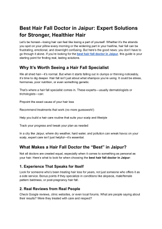 Best Hair Fall Doctor in Jaipur: Expert Solutions for Stronger, Healthier Hair
