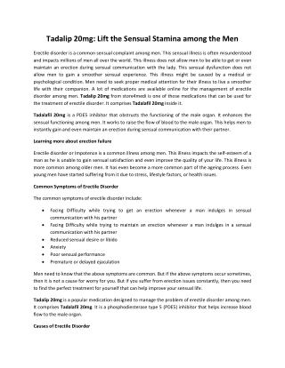 Tadalip 20mg Lift the Sensual Stamina among the Men