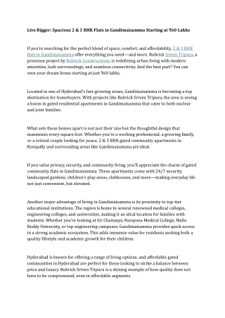 Live Bigger Spacious 2 & 3 BHK Flats in Gandimaisamma Starting at ₹60 Lakhs