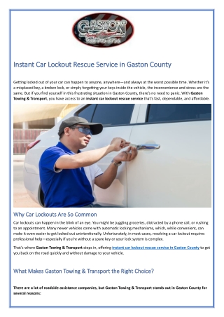 Instant Car Lockout Rescue Service in Gaston County