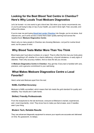 Looking for the Best Blood Test Centre in Chembur? Here’s Why Locals Trust Medca