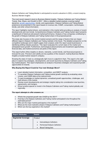 Dialysis Catheters and Tubing Market