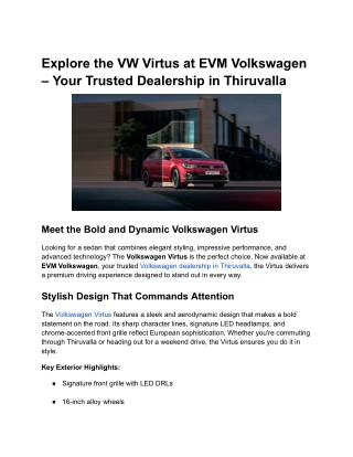 Explore the Volkswagen Virtus at EVM Volkswagen – Your Trusted Dealership in Thiruvalla