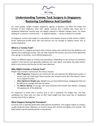 Understanding Tummy Tuck Surgery in Singapore Restoring Confidence and Comfort
