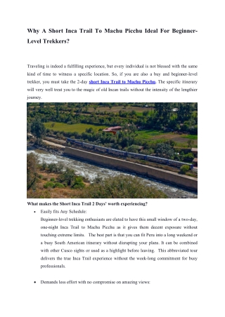 Why A Short Inca Trail To Machu Picchu Ideal For Beginner-Level Trekkers?