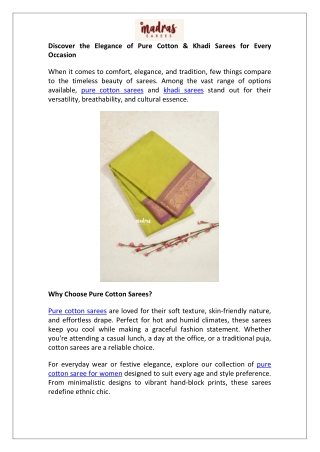 Discover the Elegance of Pure Cotton & Khadi Sarees for Every Occasion