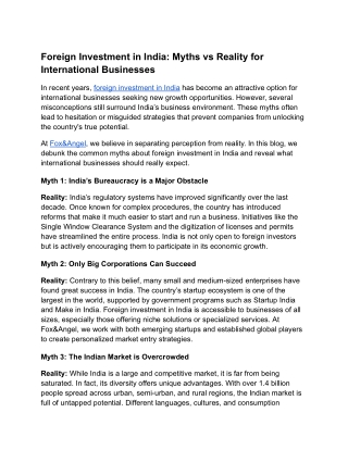 Foreign Investment in India: Myths vs Reality for International Businesses