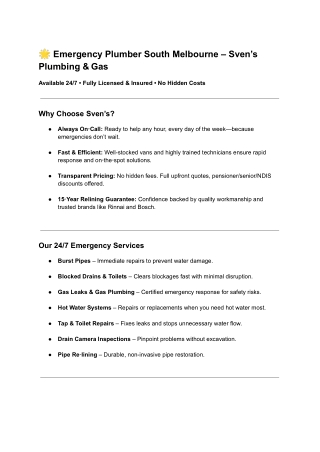 Emergency Plumber South Melbourne – 24/7 Rapid Response by Sven’s Plumbing & Gas