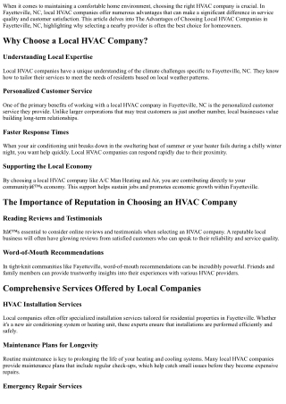 The Advantages of Choosing Local HVAC Companies in Fayetteville, NC