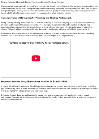 Pioneer Plumbing, Heating & Drain Services, Vancouvers Favorite Plumbing Special