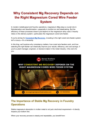 Why Consistent Mg Recovery Depends on the Right Magnesium Cored Wire Feeder System