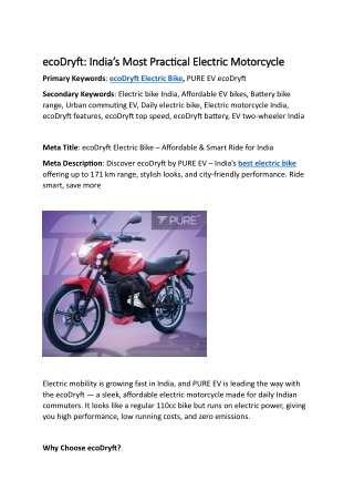 ecoDryft Electric Bike – Affordable & Smart Ride for India