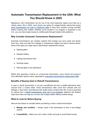 Automatic Transmission Replacement in the USA What You Should Know in 2025