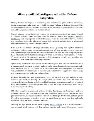 Military Artificial Intelligence and Ai For Defense Integration