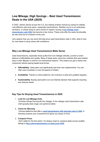 Low Mileage, High Savings – Best Used Transmission Deals in the USA (2025)