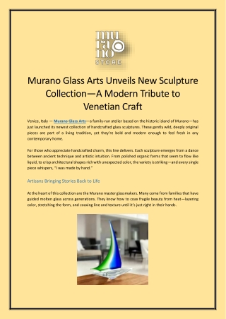 Murano Glass Arts Unveils New Sculpture Collection A Modern Tribute to Venetian Craft