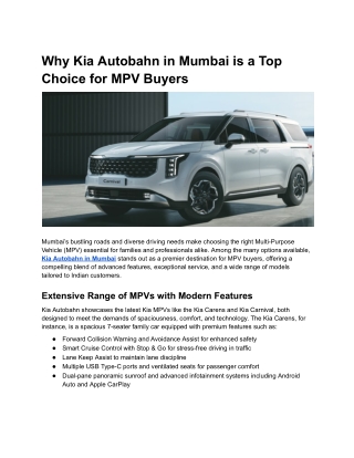 Why Kia Autobahn in Mumbai is a Top Choice for MPV Buyers