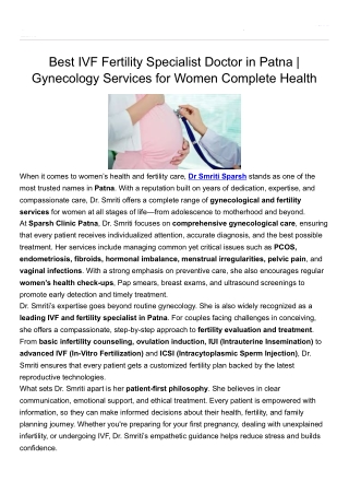 Best IVF Fertility Specialist Doctor in Patna | Gynecology Services for Women Co